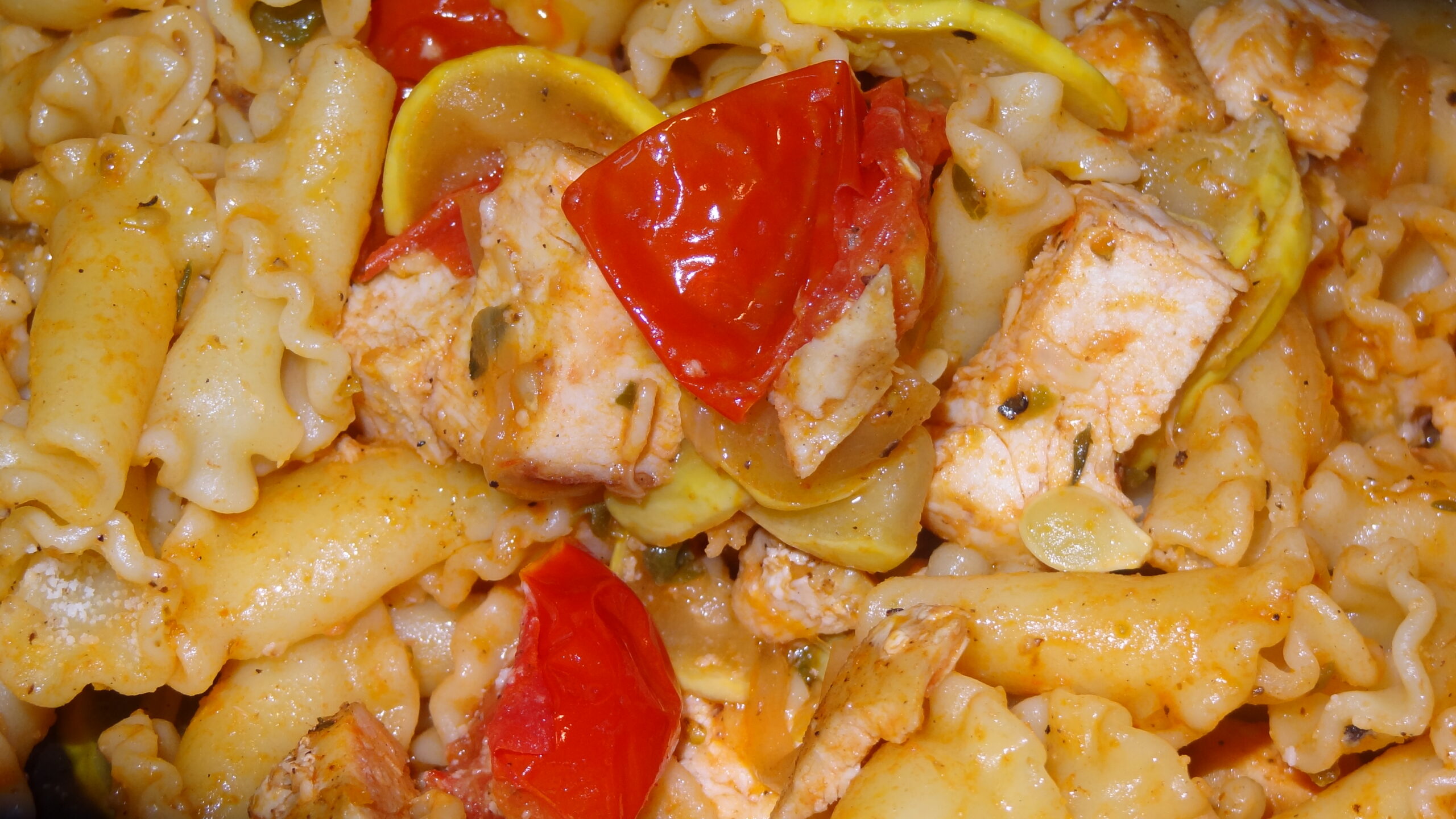 Fire Roasted Chicken with Summer Squash and Campanella Pasta