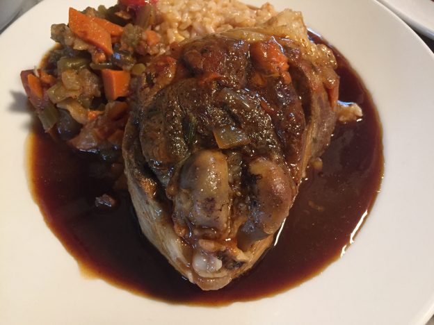 Braised Leg of Lamb with Baked Brown Rice and Pan Vegetables
