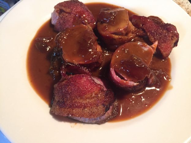 Maple Bacon Wrapped Leg of Venison with Demi-glace and Seasonal Fig Preserves