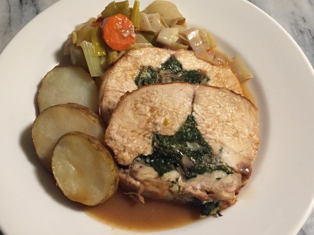 Chicken Ballotine with Cremini Mushrooms and Spinach with Pan Veg and Potatoes