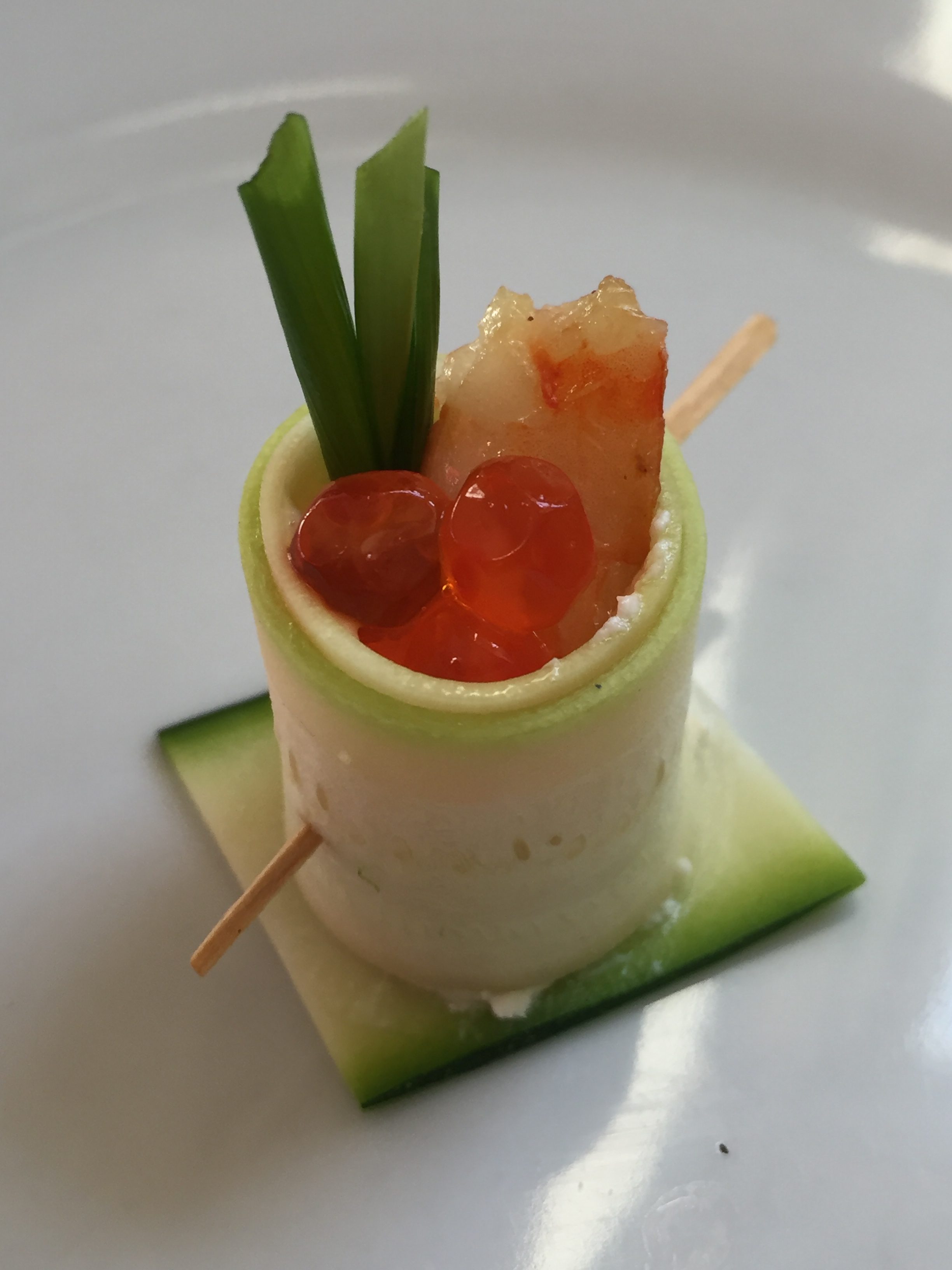 Tiger Prawn Stuffed Zucchini, Shallot Cream Cheese, Chive, Roe