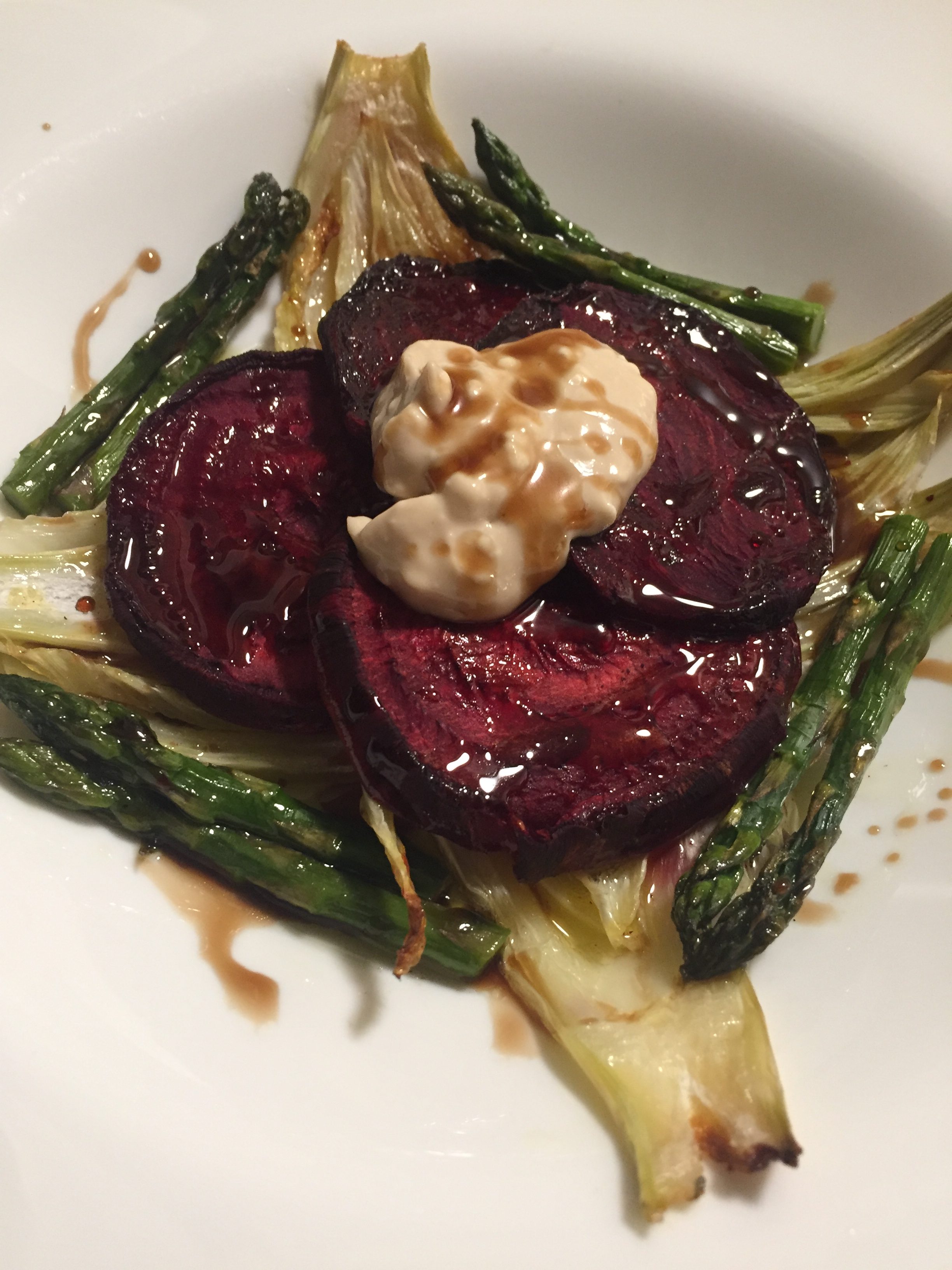 Roasted Beet, Fennel and Asparagus Salad with Chevre Pomegranate Mayo