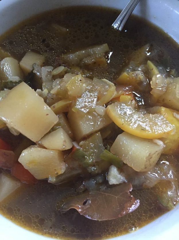 Soup: Summer squash and chili peppers with smoked pork knuckle