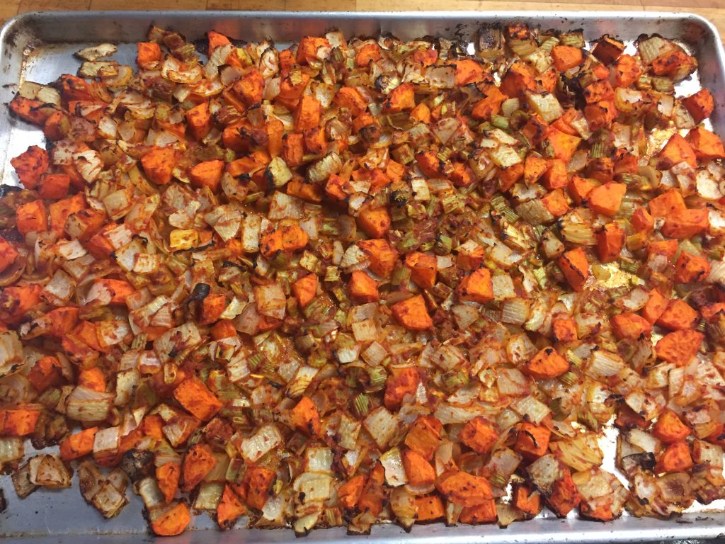 Roasted mirepoix in sheetpan