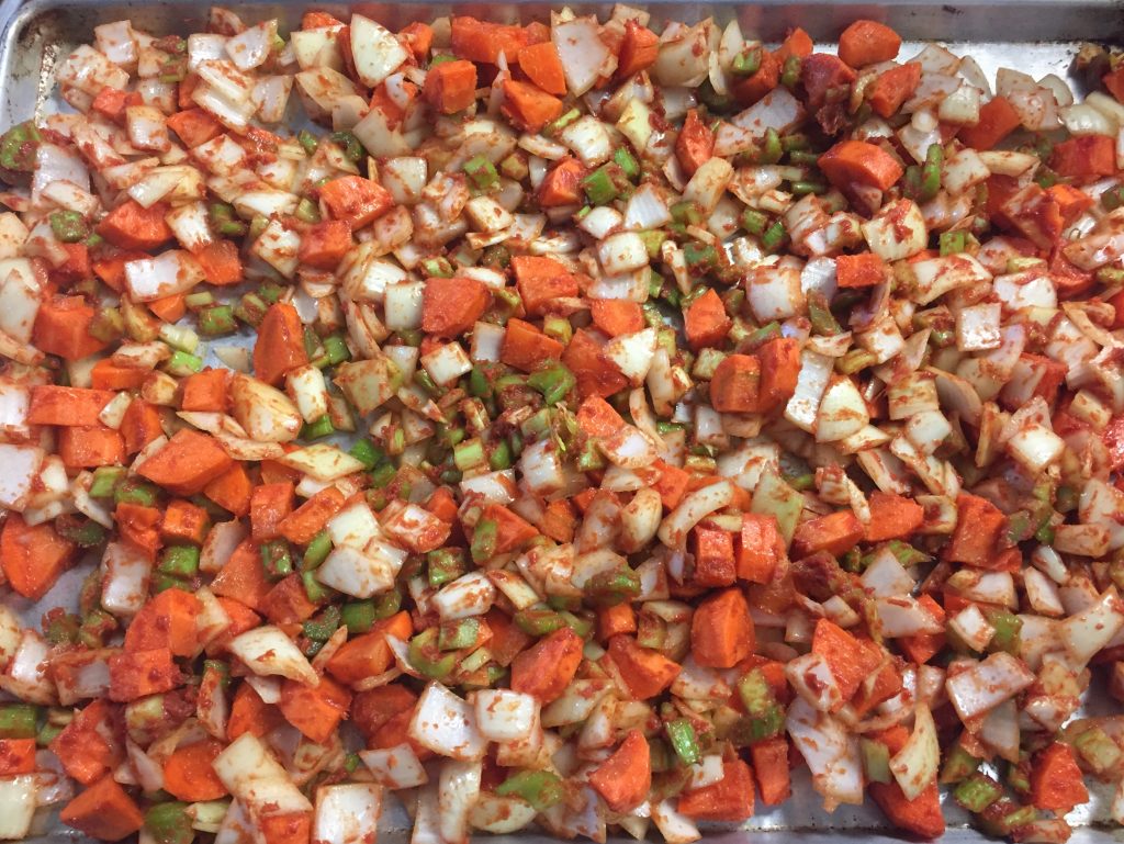 Roasted mirepoix in sheetpan