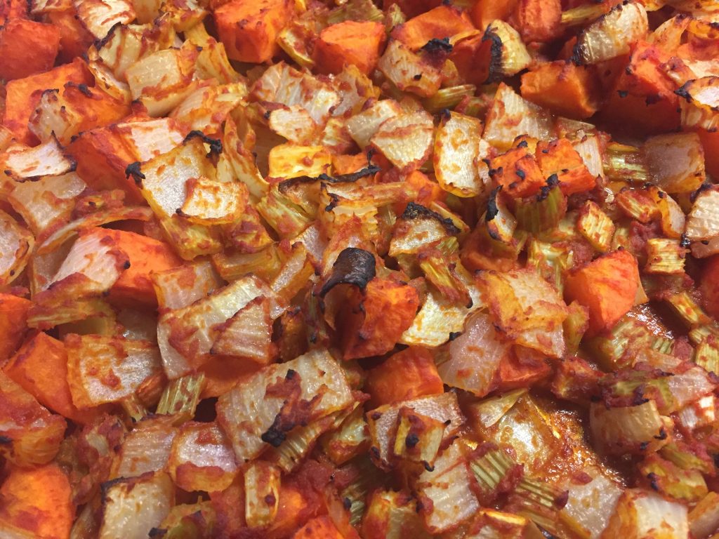 Roasted mirepoix in sheetpan