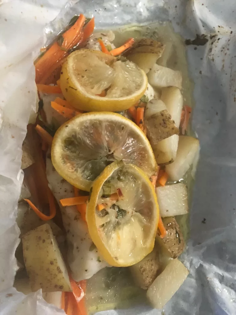 Cod en Papillote - cooked and open