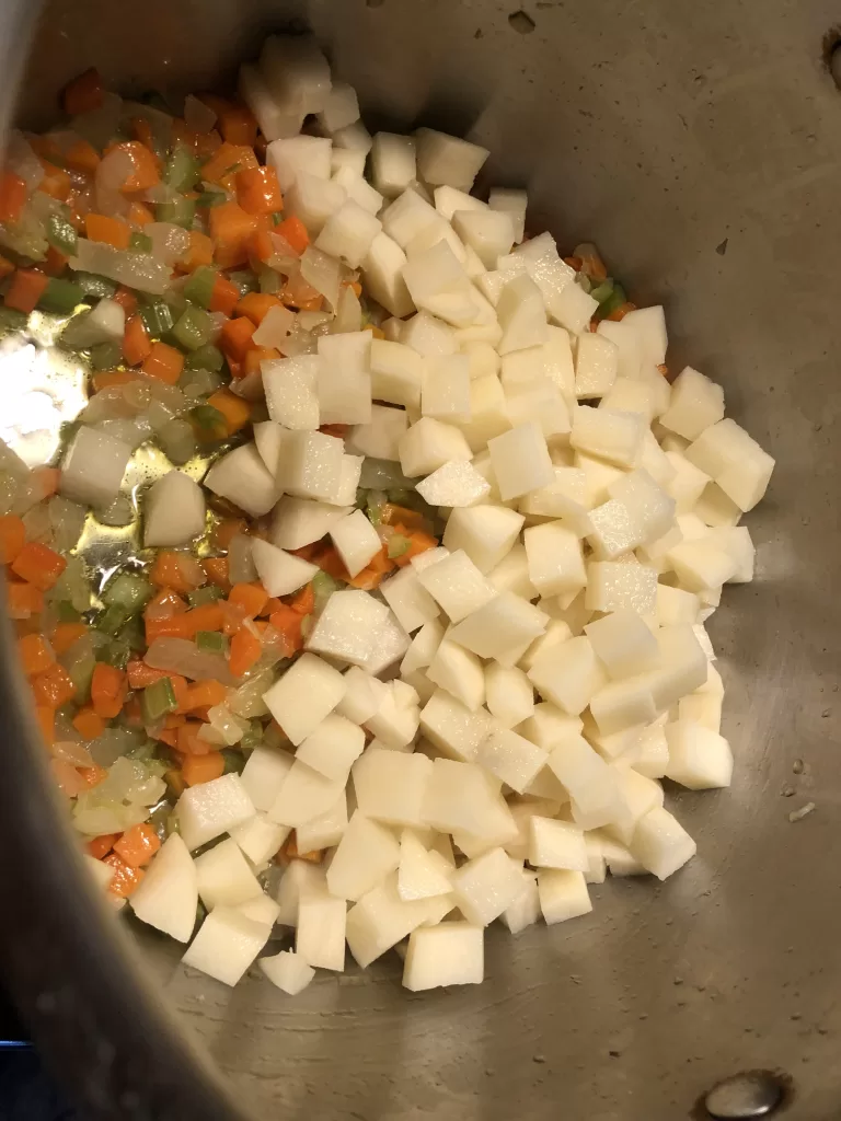 Mirepoix and potatoes for Sheep's Head Soup